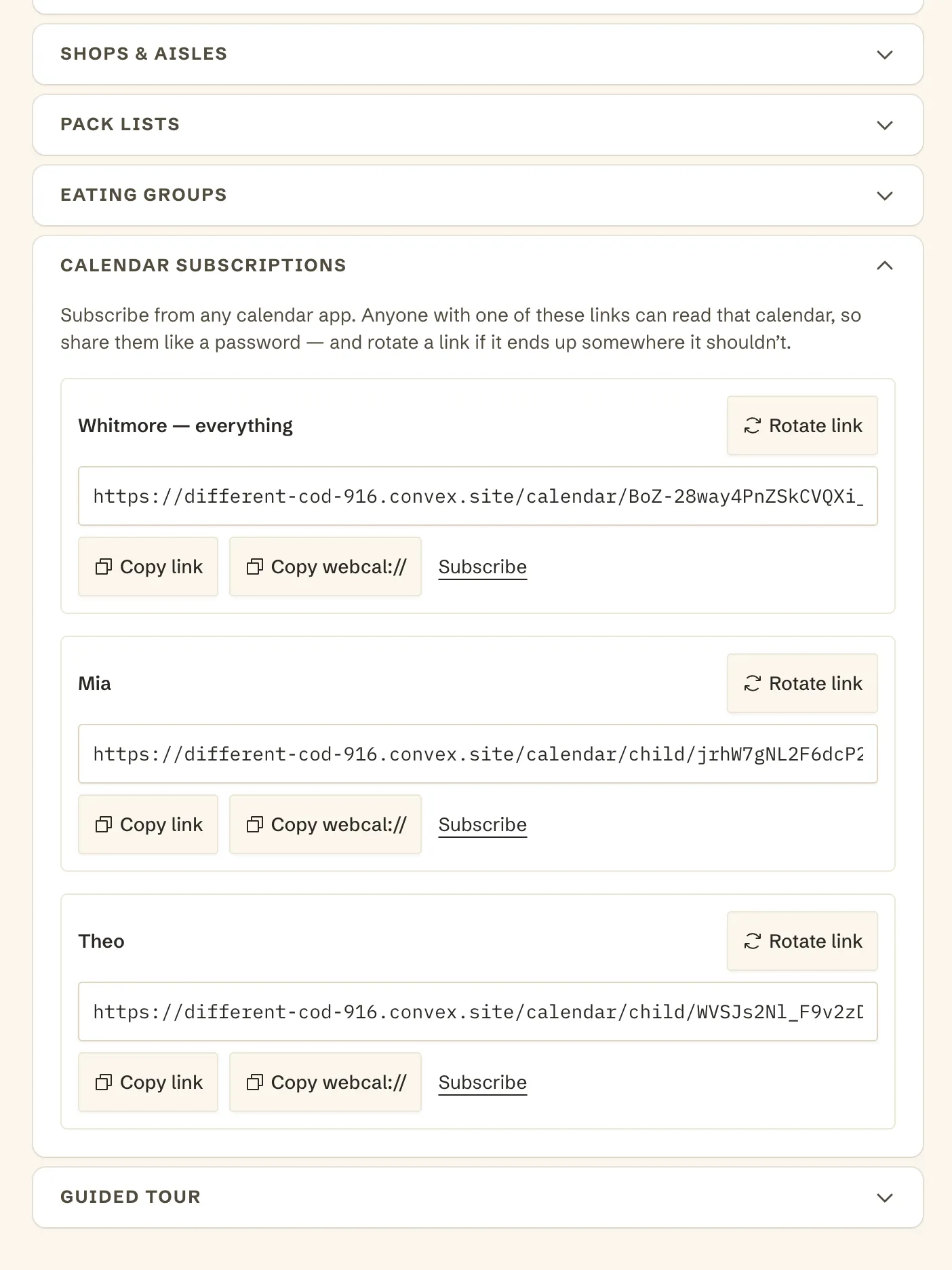 Calendar subscriptions in settings: one feed for the whole family and one each for Mia and Theo, each with a copy link and a rotate link button