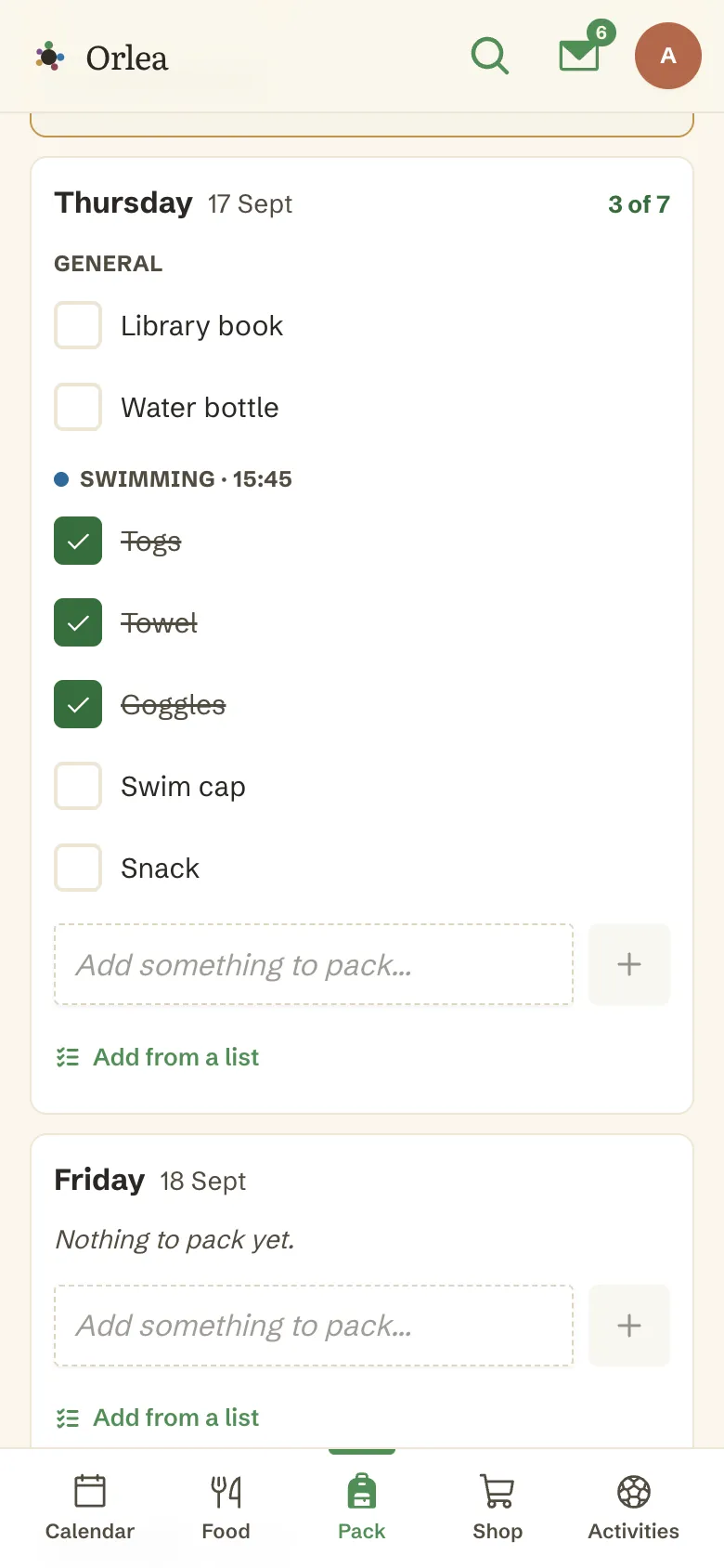Thursday's pack list on a phone: a library book and water bottle for the day, then togs, towel, goggles, swim cap and snack grouped under swimming, three of them ticked