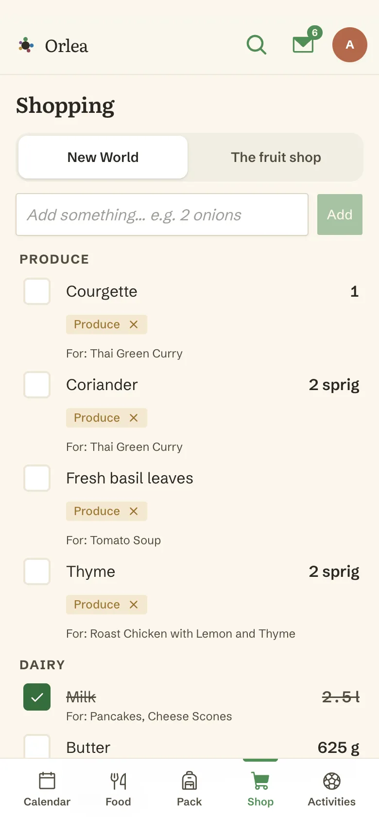 A shopping list on a phone for New World, grouped under produce and dairy headings, with milk ticked off and each line noting which recipes wanted it
